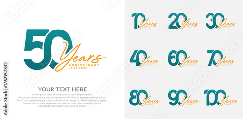 Anniversary logo set vector design, green and orange color for celebration event