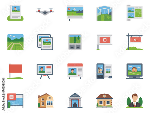 A collection of icons representing photography, technology, and real estate.