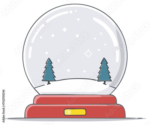Snow globe illustration with snow, pine trees, and red base. Holiday theme with winter elements.