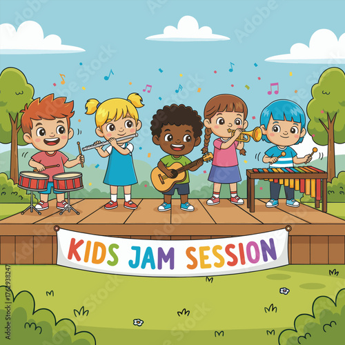Joyful Children Performing a Fun Outdoor Music Concert with Various Instruments in a Bright Sunny Park