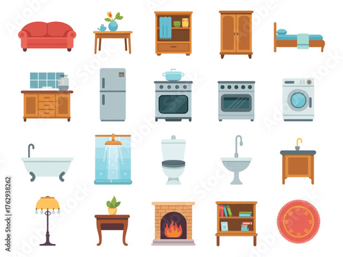 A colorful collage of various furniture and home appliances, showcasing stylish home decor items.