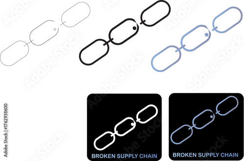 Vector set of broken supply chain icons in a minimalist flat style. Symbol of economic disruption, business logistics failure, and broken links