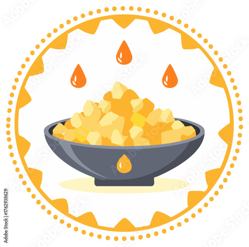 Golden Ghee or Butter Chunks in a Bowl with Oil Drops and Ornate Circular Frame