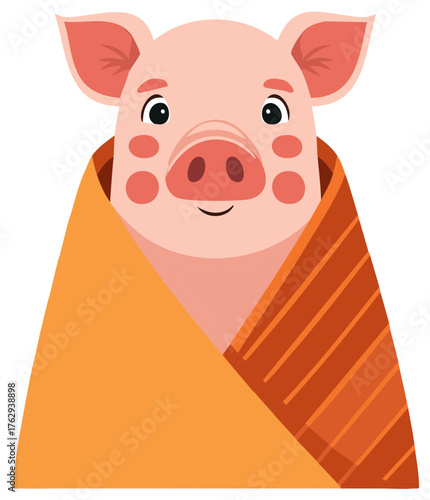 A smiling pink piglet wrapped in a cozy orange blanket vector illustration