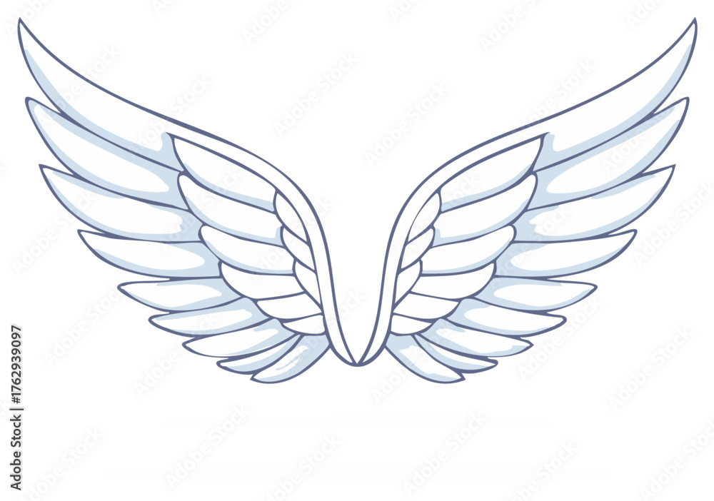 Fototapeta premium Pair of stylized cartoon wings spread wide open on white background in feather pattern for angel freedom