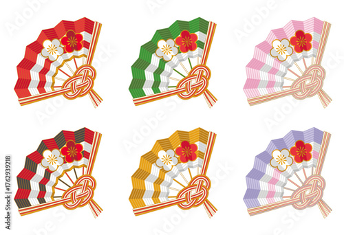 梅柄扇子水引のカラーバリエーション／お正月や和風デザインに使えるカットベクターイラスト