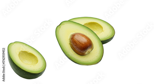 Fresh Green Avocados Halved with Pit on Yellow Background Realistic Photo