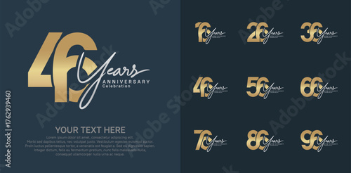 Anniversary logo set vector design, gold and silver color for celebration event