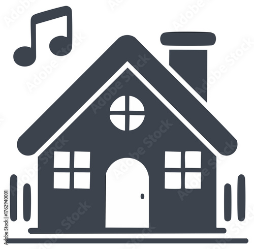 Vector Music Home Icon House with Music Note, Doorway, and Chimney