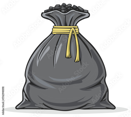 Cartoon vector illustration of a large sack full of coal tied with a yellow rope