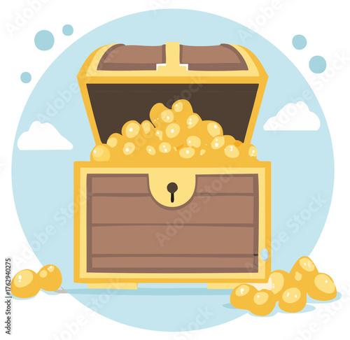 Open wooden treasure chest filled with gold coins, on a blue background with clouds and circles