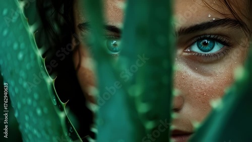 Mysterious Gaze: A Woman's Azure Eyes Peeking Through Lush, Dew-Kissed Aloe Leaves