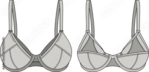 Bra technical fashion sketch, lingerie CAD drawing, underwire bra flat template, sewing pattern vector, garment blueprint illustration, apparel design