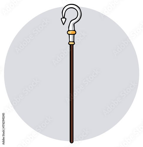 Stylized Question Mark Cane with Curved Handle and Wooden Shaft
