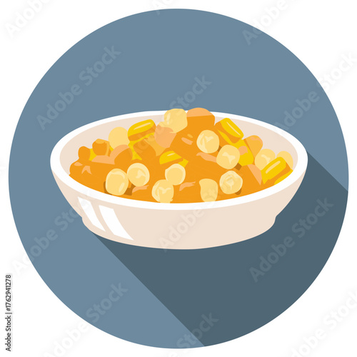 Bowl of cooked corn and other ingredients in a circular background illustration