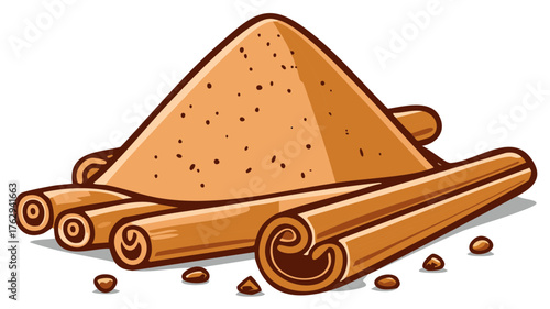 Pile of Cinnamon Powder with Cinnamon Sticks Arrangement of Spice Aroma