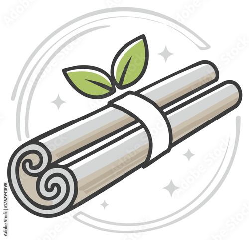 Cinnamon Sticks with Green Leaves Icon Illustration, Spice Ingredient Design Element