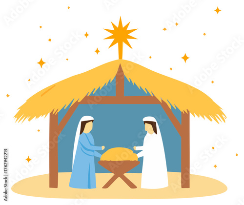Minimalist Christmas Nativity Scene with Mary and Joseph in a Stable under the Holy Star