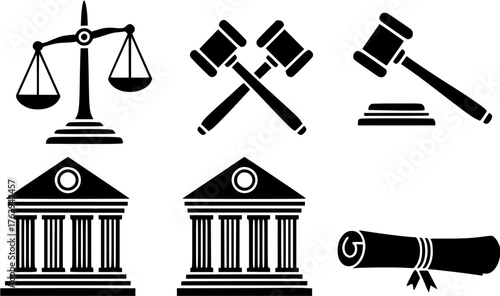 Law and justice black glyph icon set with balance scales, gavels, court building and diploma scroll.
