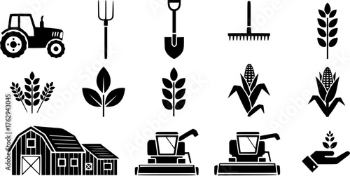 Agriculture and farming black glyph icon set showing tractor, barn, wheat, corn, and farming tools.