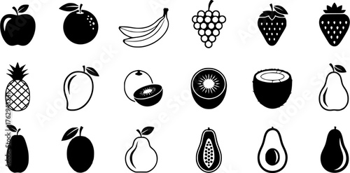 Black and white fruit glyph icon set, including apple, orange, banana, grape, strawberry, pineapple, mango, kiwi, coconut, pear, papaya, avocado and plum.