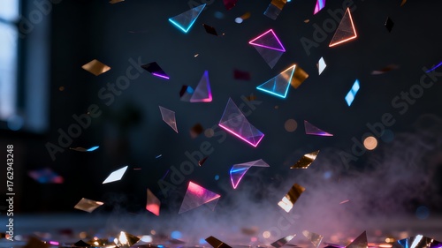 A surreal photograph of falling futuristic confetti. Thin, colorful geometric shapes glow and float slowly in a dark, minimalist room. Symbolizing New Year's joy and celebration.