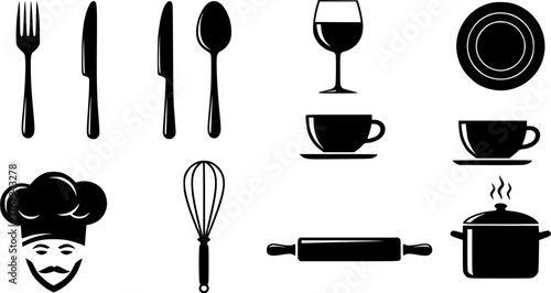 Black and white kitchen utensil icon set including cookware, tableware, and chef s hat.