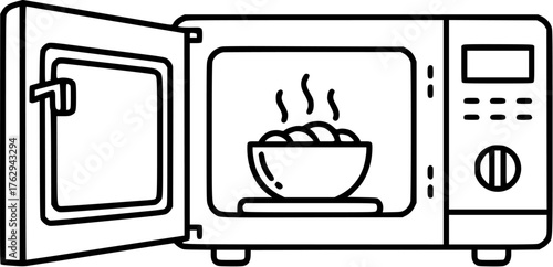 Microwave oven with open door and bowl of steaming food inside, line icon
