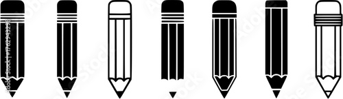 Set of pencil icons in black and white outline style, representing writing, drawing, and education concepts.