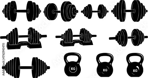 Black and white silhouette icon set of gym equipment featuring dumbbells and kettlebells for fitness and strength training.