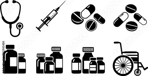 Medical icon set in black silhouette style featuring stethoscope, syringe, pills, medicine bottles, and wheelchair.