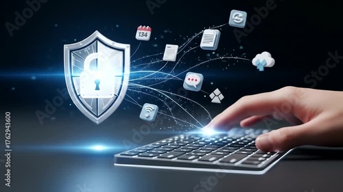 Hand typing on a keyboard with digital security icons and shield background