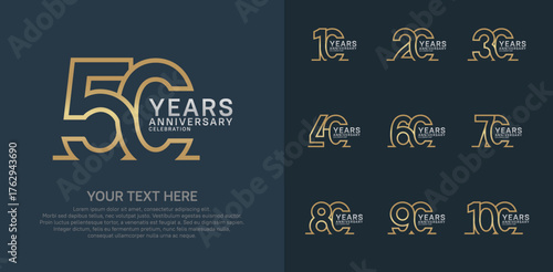 Anniversary logo set vector design, gold and silver color for celebration event