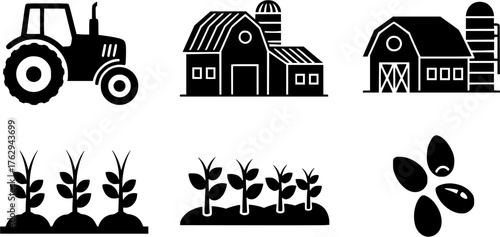 Farm and agriculture black glyph icon set of tractor, barns, crops and seeds.