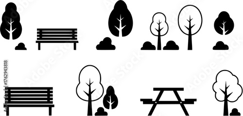 Monochrome park and outdoor furniture flat icon set with trees, benches and a picnic table.