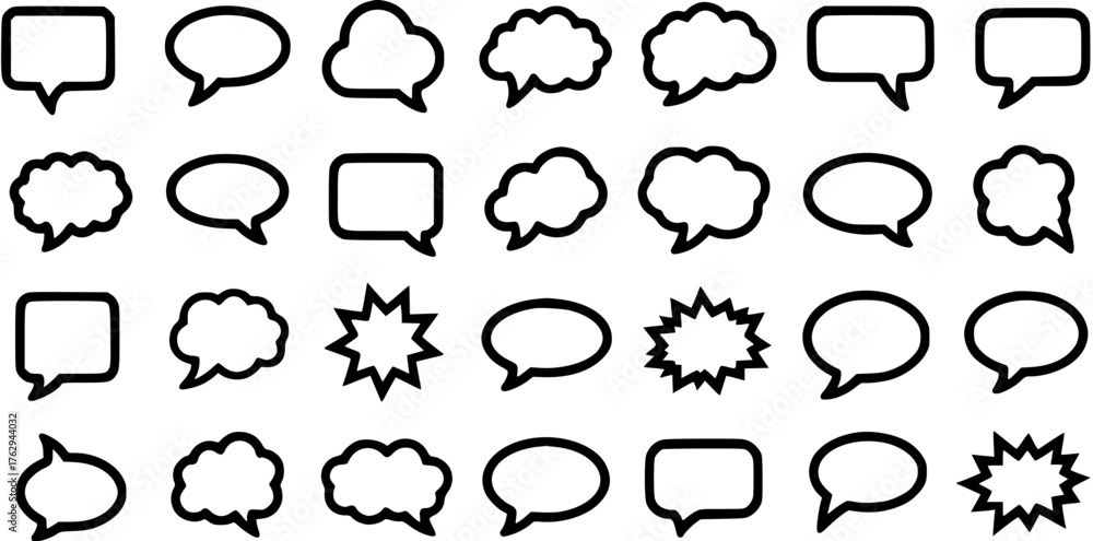 Fototapeta premium Collection of simple black line speech bubbles and chat icons.