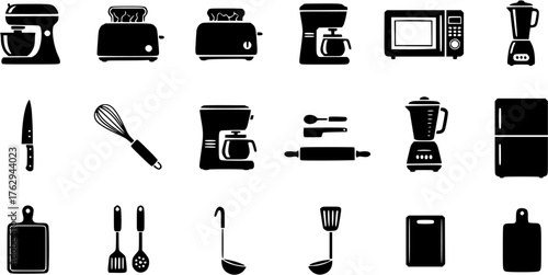 Kitchen appliances and cooking tools black glyph icon set, including mixer, toaster, coffee maker, microwave, blender, knife, whisk, refrigerator, and cutting board.