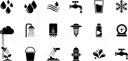 Water supply and conservation black glyph icon set, featuring water drops, tap, glass of water, snowflake, cloud, shower, boiler, filter, watering can and hydrant