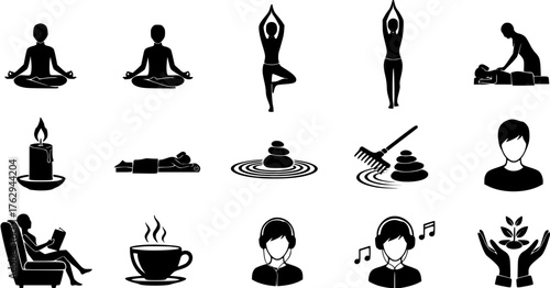 Set of black and white silhouette icons depicting spa, wellness, meditation, relaxation and music therapy
