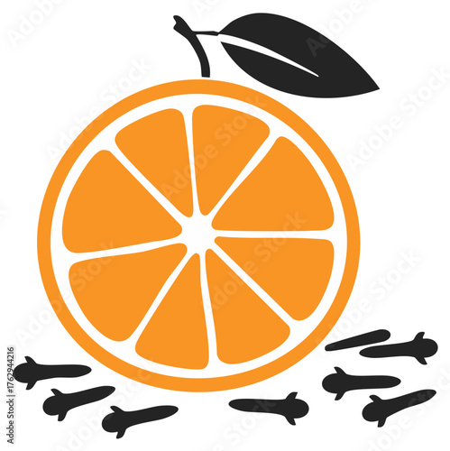 Stylized orange slice with black cloves and leaf simple graphic design