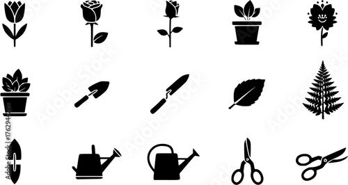 Gardening and botany glyph icon set, vector silhouettes of flowers, plants, watering cans and gardening tools