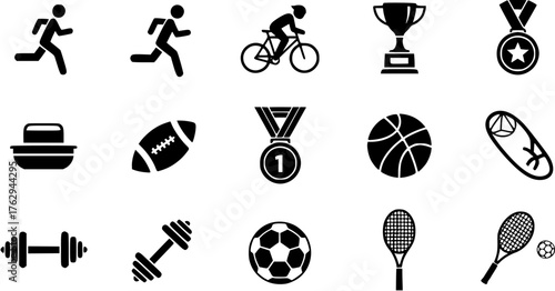 Sports and fitness black glyph icon set with running, cycling, trophy, medals, balls, rackets, dumbbell, and sport equipment.
