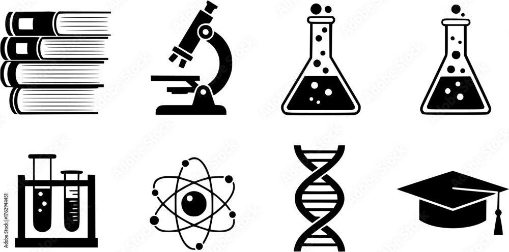 Naklejka premium Science and education black glyph icon set with books, microscope, flask, test tubes, atom, dna, and graduation cap.