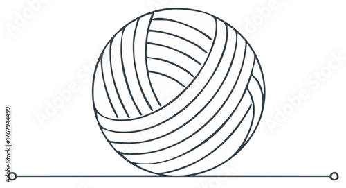 Stylized line art of a ball of yarn on a horizontal line with small circles