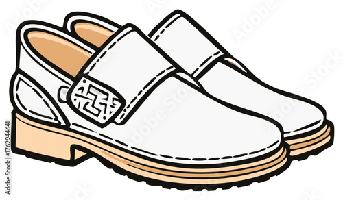 Classic white slip-on shoes with buckle detail and stacked heel