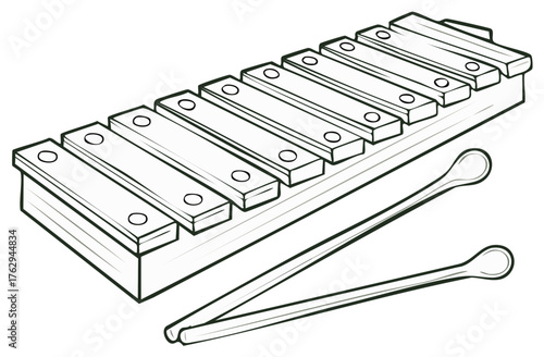Black and white illustration of a xylophone with two mallets used for music
