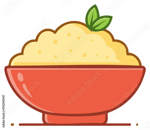 Cartoon Style Bowl Full of Creamy Mashed Potatoes with Leaf Garnish Tasty Food Icon