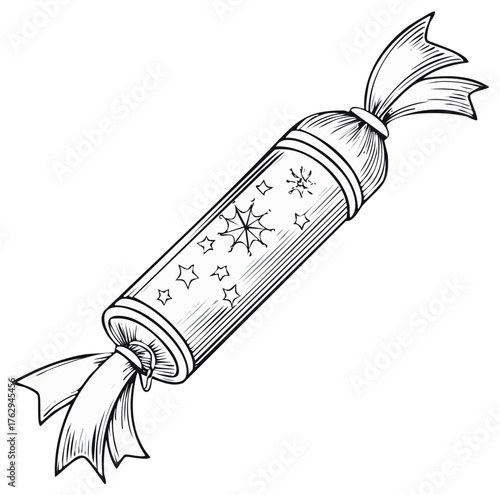 Christmas cracker outline sketch with stars and snowflake illustrations, ribboned ends, holiday party favor black and white line art