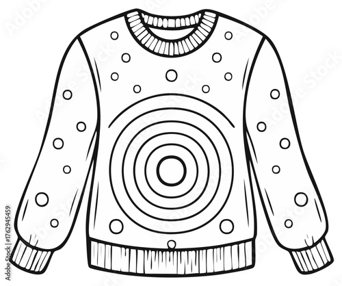 Sweater with geometric circle pattern black and white outline for coloring page