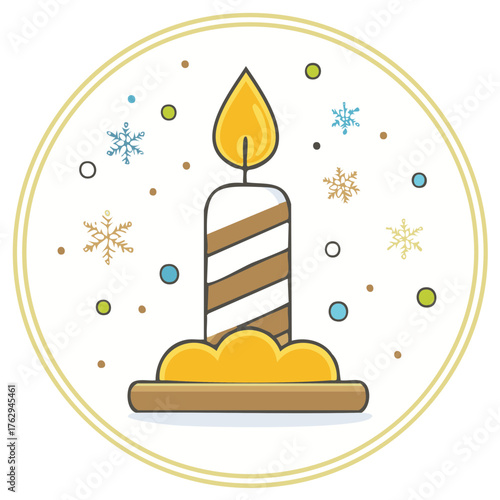 Festive candle with swirling stripes and snowflakes, symbolizing celebration and winter